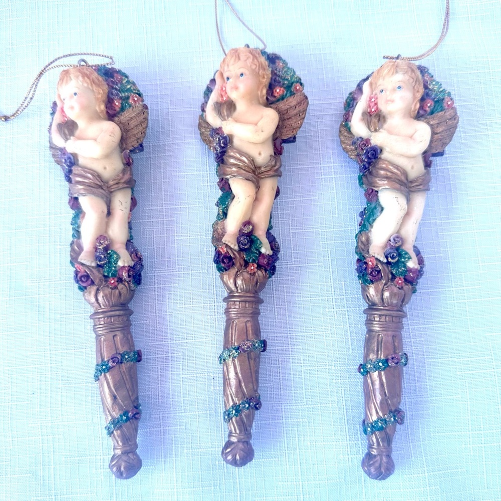 Baroque Hand Carved Painted Angel Cherub Floral Glitter Christmas Ornament set 3